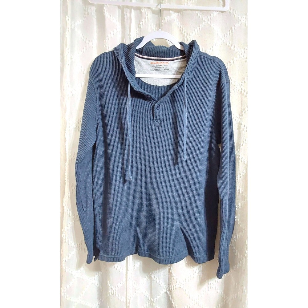 Weatherproof Vintage Mens Blue Waffle Knit Henley Hoodie Thermal Shirt Size M